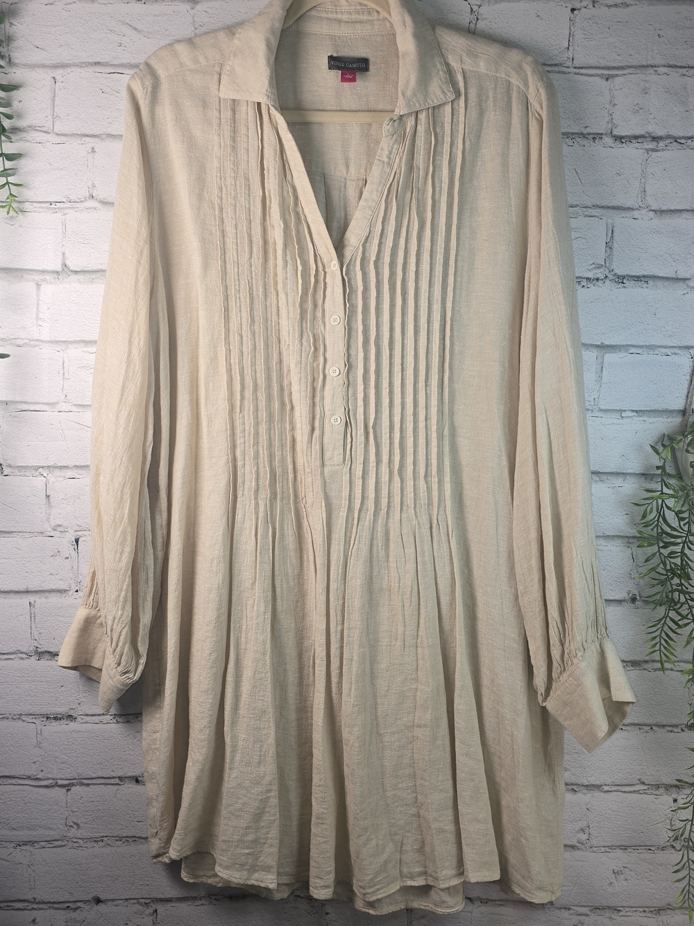 Vince Camuto Light Cream Pintuck Button-Up Tunic LINEN BLEND FLOWY BOHO WOMENS L